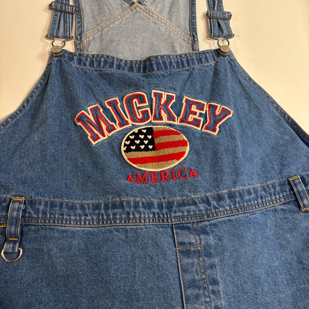 VTG Disney Mickey Mouse America US Flag Shorts Denim Carpenter Overalls Sz 3X